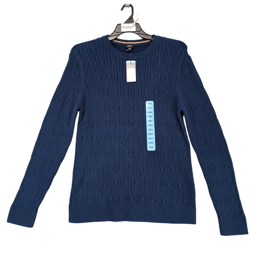 NWT Express Pageant Blue Cable Knit Sweater Mens L Cotton Preppy Classic Winter